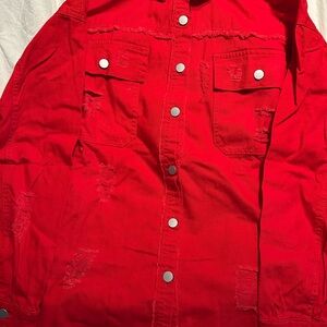 Vibrant Red Distressed Jacket with Silver Buttons